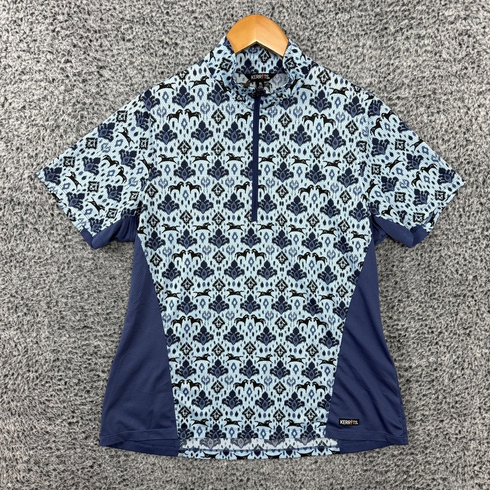 Kerrits Shirt Womens XL Blue Horse Print 1/4 Zip Equestrian Riding Top S/S